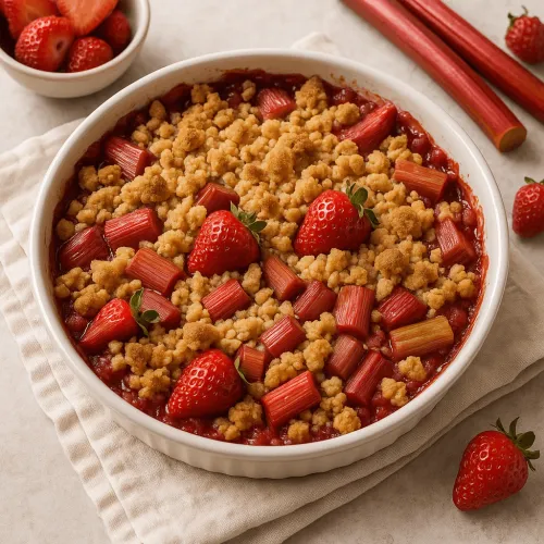 Crumble à la rhubarbe et aux fraises dans un plat de cuisson blanc