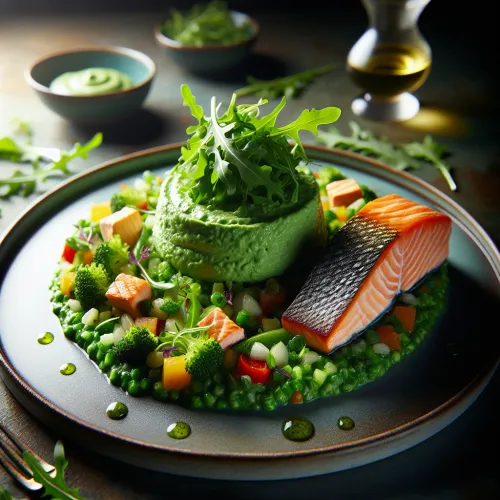 mousse de roquette sur brunoise de légumes et saumon