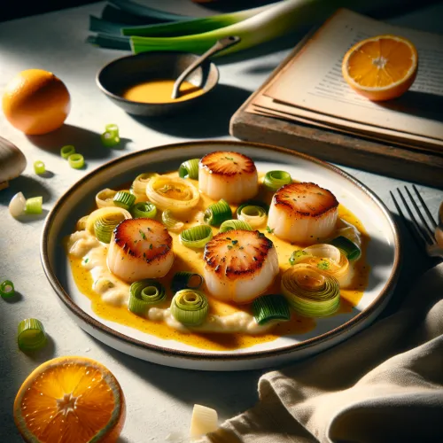 Noix de st jacques , fondue de poireaux, sauce à l'orange